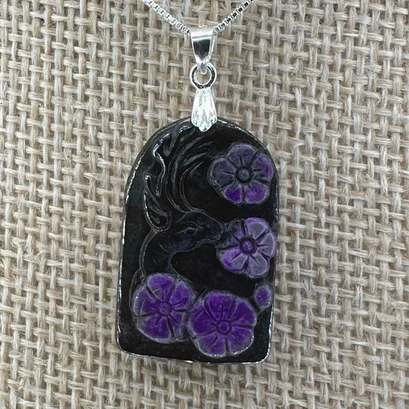 Arch Shaped Deer and Flowers Sugilite Pendant on Sterling Silver Box Chain - Picture 2 of 16